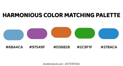 Harmonious color palette with five colors. This palette combines warm and cool tones, balanced and visually appealing aesthetic. Light Steel Blue, Violet, Terracotta, Emerald Green, Cerulean. 35.