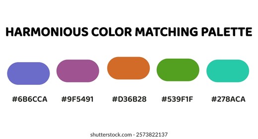 Harmonious color palette with five colors. This palette combines warm and cool tones, balanced and visually appealing aesthetic. Slate Blue, Violet, Terracotta, Forest Green, Turquoise. 36.