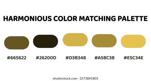 Harmonious color palette with five colors. This palette creates a cohesive and natural look, perfect for nature-inspired designs. Olive Green:, Dark Brown, Sand, Gold, Goldenrod. 38.