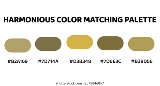 Harmonious color palette with five colors. This palette creates a cohesive and natural look, perfect for nature-inspired designs. Taupe:, Olive Green, Gold, Khaki, Tan. 39.