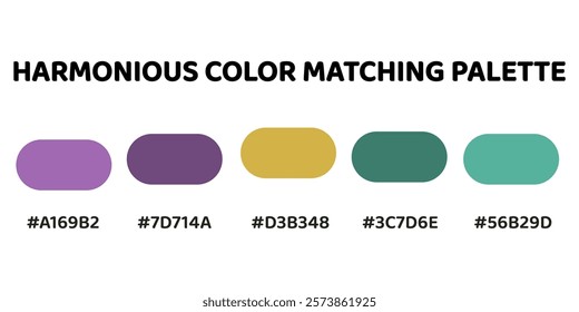 Harmonious color palette with five colors. This palette combines warm and cool tones, balanced and visually appealing aesthetic. Orchid, Amethyst, Golden Yellow, Sea Green, Mint Green. 40.