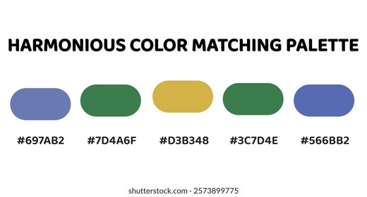 Harmonious color palette with five colors. This palette combines warm and cool tones, balanced and visually appealing aesthetic. Slate Blue, Forest Green, Golden Yellow, Sea Green, Steel Blue. 41.