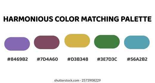 Harmonious color palette with five colors. This palette combines warm and cool tones, balanced and visually appealing aesthetic. Orchid, Amethyst, Golden Yellow, Sea Green, Teal. 42.