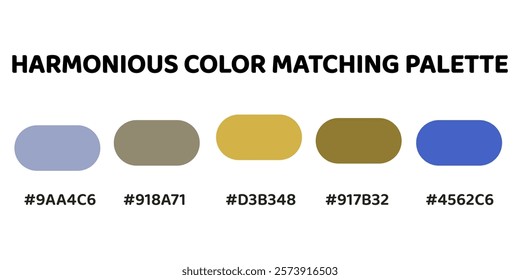 Harmonious color palette with five colors. This palette combines warm and cool tones, balanced and visually appealing aesthetic. Light Steel Blue, Taupe, Golden Yellow, Olive Green, Royal Blue. 43.