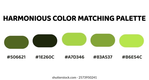 Harmonious color palette with five colors. This palette creates a cohesive and natural look, perfect for nature-inspired designs. Forest Green, Dark Green, Olive Green, Chartreuse, Lime Green. 44.