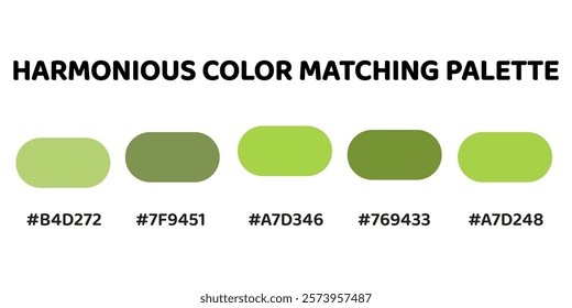 Harmonious color palette with five colors. This palette creates a cohesive and natural look, perfect for nature-inspired designs. Pale Green, Olive Green, Chartreuse, Olive Green, Pale Green. 45.