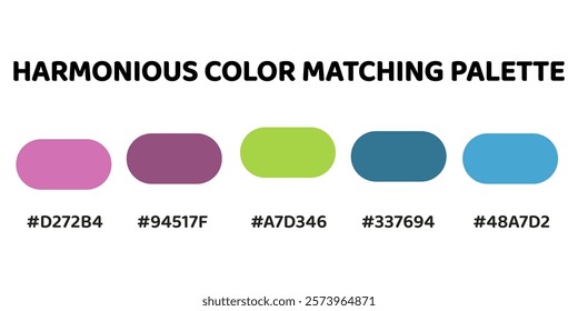 Harmonious color palette with five colors. This palette combines warm and cool tones, balanced and visually appealing aesthetic. Orchid, Amethyst, Chartreuse, Teal, Turquoise. 46.