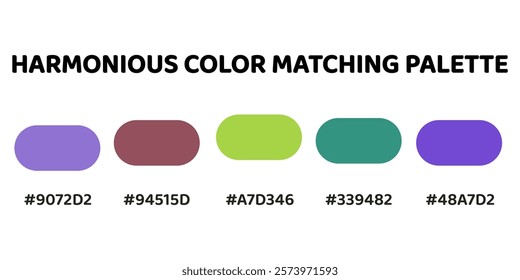 Harmonious color palette with five colors. This palette combines warm and cool tones, balanced and visually appealing aesthetic. Lavender, Mahogany, Chartreuse, Teal, Periwinkle. 47.