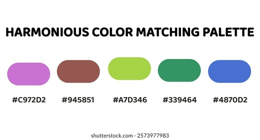 Harmonious color palette with five colors. This palette combines warm and cool tones, balanced and visually appealing aesthetic. Orchid, Mahogany, Chartreuse, Teal, Royal Blue. 48.