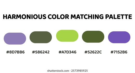 Harmonious color palette with five colors. This palette combines warm and cool tones, balanced and visually appealing aesthetic. Lavender, Dark Olive Green, Chartreuse, Forest Green, Amethyst. 49.