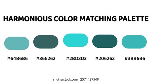 Harmonious color palette with five colors. This palette creates a cohesive and calming look, perfect for aquatic-themed designs. Light Teal, Steel Blue, Turquoise, Teal, Aqua. 50.