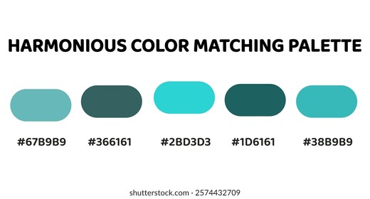 Harmonious color palette with five colors. This palette creates a cohesive and calming look, perfect for aquatic-themed designs. Light Teal, Steel Blue, Turquoise, Teal, Aqua. 51.