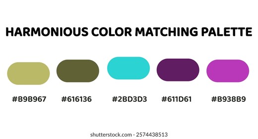 Harmonious color palette with five colors. This palette combines warm and cool tones, balanced and visually appealing aesthetic. Light Olive, Olive Green, Turquoise, Deep Purple, Magenta. 52.