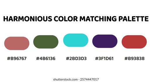 Harmonious color palette with five colors. This palette combines warm and cool tones, balanced and visually appealing aesthetic. Rose, Olive Green, Turquoise, Indigo, Coral. 53.