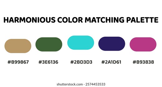 Harmonious color palette with five colors. This palette combines warm and cool tones, balanced and visually appealing aesthetic. Sand, Olive Green, Turquoise, Navy Blue, Magenta. 54.