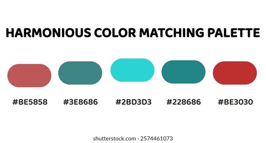 Harmonious color palette with five colors. This palette creates a cohesive and calming look, perfect for aquatic-themed designs. Rose, Teal, Turquoise, Teal, Coral. 55.