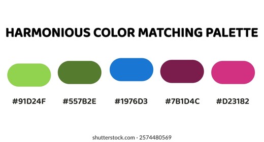 Harmonious color palette with five colors. This palette combines warm and cool tones, balanced and visually appealing aesthetic. Chartreuse, Olive Green, Cerulean, Amethyst, Magenta. 58.