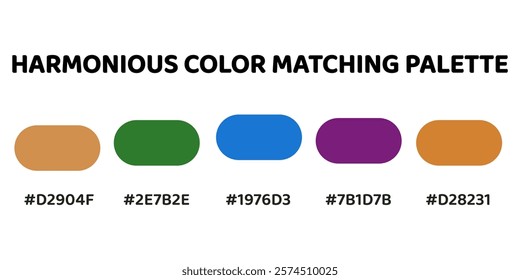 Harmonious color palette with five colors. This palette combines warm and cool tones, balanced and visually appealing aesthetic. Sand, Olive Green, Cerulean, Amethyst, Terracotta. 59.