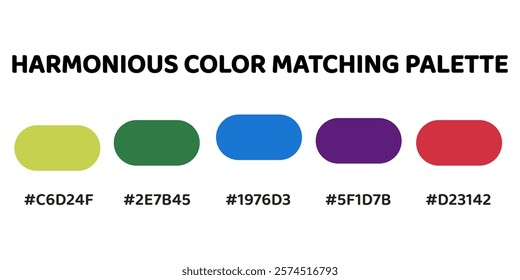 Harmonious color palette with five colors. This palette combines warm and cool tones, balanced and visually appealing aesthetic. Chartreuse, Olive Green, Cerulean, Amethyst, Tomato Red. 60.