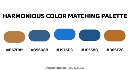 Harmonious color palette with five colors. This palette combines warm and cool tones, balanced and visually appealing aesthetic. Copper, Steel Blue, Cerulean, Cobalt Blue, Copper. 61.