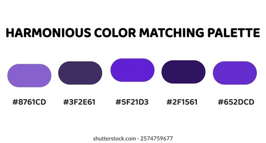 Harmonious color palette with five colors. This palette creates a cohesive and dynamic look, for designs that require a sense of energy. Lavender, Amethyst, Electric Purple, Violet, Amethyst. 63.