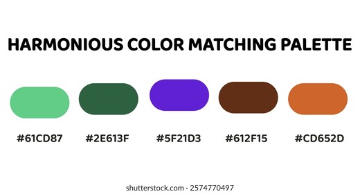 Harmonious color palette with five colors. This palette combines warm and cool tones, balanced and visually appealing aesthetic. Spring Green, Forest Green, Electric Purple, Mahogany, Terracotta. 64.