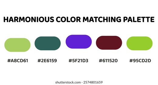 Harmonious color palette with five colors. This palette combines warm and cool tones, balanced and visually appealing aesthetic. Pale Green, Forest Green, Electric Purple, Maroon, Chartreuse. 65.