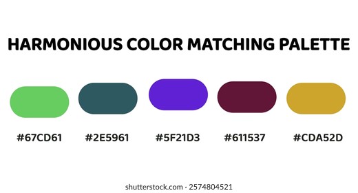 Harmonious color palette with five colors. This palette combines warm and cool tones, balanced and visually appealing aesthetic. Spring Green, Forest Green, Electric Purple, Maroon, Gold. 66.