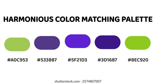 Harmonious color palette with five colors. This palette combines warm and cool tones, balanced and visually appealing aesthetic. Pale Green, Charcoal, Electric Purple, Indigo, Chartreuse. 67.