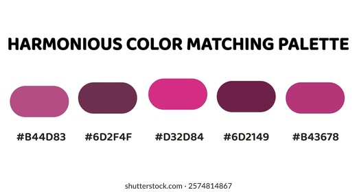 Harmonious color palette with five colors. This palette creates a cohesive and dynamic look, perfect for designs that require a sense of energy. Rose, Mahogany, Magenta, Maroon, Rose. 69.