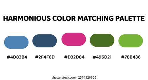 Harmonious color palette with five colors. This palette combines warm and cool tones, balanced and visually appealing aesthetic. Steel Blue, Charcoal, Magenta, Forest Green, Olive Green. 70.