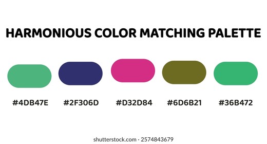 Harmonious color palette with five colors. This palette combines warm and cool tones, balanced and visually appealing aesthetic. Sea Green, Navy Blue, Magenta, Olive Green, Spring Green. 71.