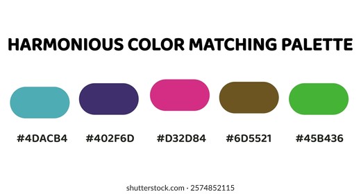 Harmonious color palette with five colors. This palette combines warm and cool tones, balanced and visually appealing aesthetic. Light Teal, Indigo, Magenta, Dark Olive Green, Olive Green. 72.