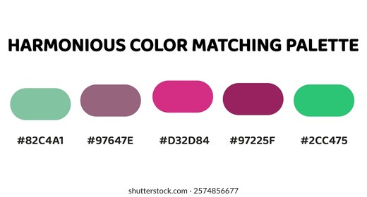 Harmonious color palette with five colors. This palette combines warm and cool tones, balanced and visually appealing aesthetic. Sage Green, Taupe, Magenta, Maroon, Spring Green. 73.