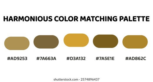 Harmonious color palette with five colors. This palette creates a cohesive and natural look, perfect for nature-inspired designs. Sand, Taupe, Gold, Copper, Tan. 74.