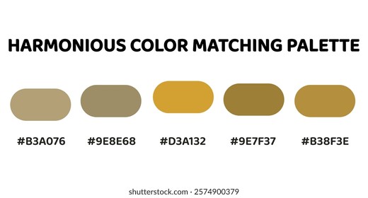 Harmonious color palette with five colors. This palette creates a cohesive and natural look, perfect for nature-inspired designs. Sand, Taupe, Gold, Copper, Tan. 75.