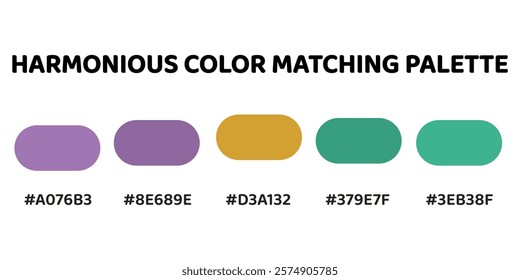 Harmonious color palette with five colors. This palette combines warm and cool tones, balanced and visually appealing aesthetic. Orchid, Amethyst, Golden Yellow, Sea Green, Teal. 76.