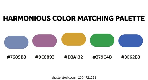 Harmonious color palette with five colors. This palette combines warm and cool tones, balanced and visually appealing aesthetic. Light Steel Blue, Amethyst, Golden Yellow, Sea Green, Royal Blue. 77.