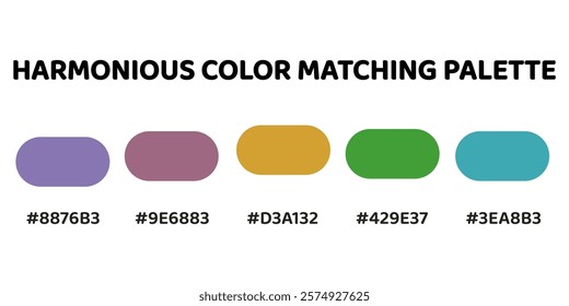 Harmonious color palette with five colors. This palette combines warm and cool tones, balanced and visually appealing aesthetic. Lavender, Amethyst, Golden Yellow, Sea Green, Turquoise. 78.