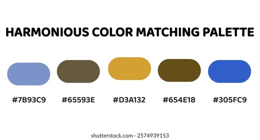 Harmonious color palette with five colors. This palette combines warm and cool tones. Light Steel Blue, Olive Green, Golden Yellow, Dark Olive Green, Royal Blue. 79..