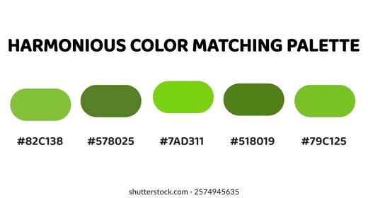 Harmonious color palette with five colors. This palette creates a cohesive and natural look, perfect for nature-inspired designs. Olive Green, Dark Olive Green, Chartreuse, Forest, Pale Green. 80.