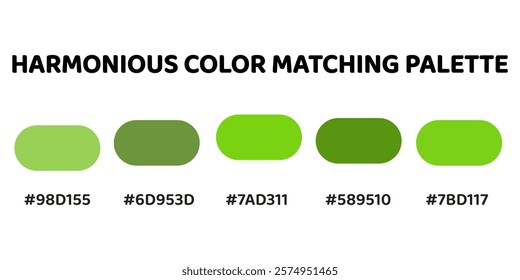 Harmonious color palette with five colors. This palette creates a cohesive and natural look, perfect for nature-inspired designs. Pale Green, Olive Green, Chartreuse, Forest Green, Pale Green. 81.