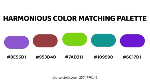 Harmonious color palette with five colors. This palette combines warm and cool tones, balanced and visually appealing aesthetic. Amethyst, Mahogany, Chartreuse, Teal, Violet. 83.