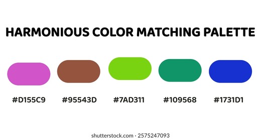 Harmonious color palette with five colors. This palette combines warm and cool tones, balanced and visually appealing aesthetic. Magenta, Mahogany, Chartreuse, Teal, Royal Blue. 84.