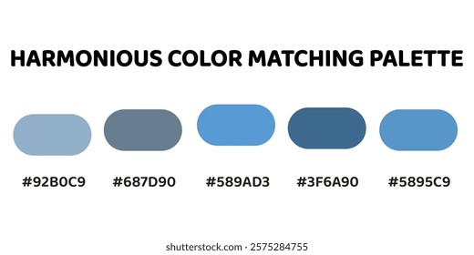 Harmonious color palette with five colors. This palette creates a cohesive and professional look, perfect for corporate branding. Light Steel Blue, Steel Blue, Cerulean, Cobalt Blue, Royal Blue. 86.