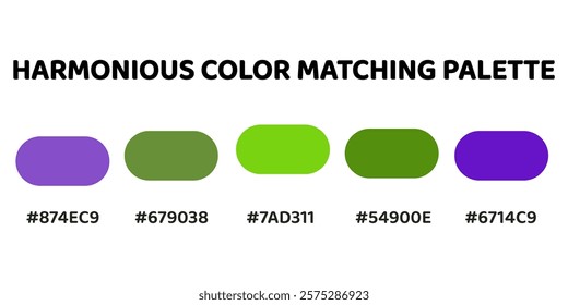 Harmonious color palette with five colors. This palette combines warm and cool tones, balanced and visually appealing aesthetic. Amethyst, Dark Olive Green, Chartreuse, Forest Green, Violet. 85.