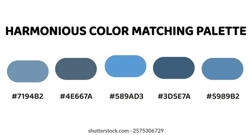 Harmonious color palette with five colors. This palette creates a cohesive and professional look, perfect for corporate branding. Light Steel Blue, Steel Blue, Cerulean, Cobalt Blue, Royal Blue. 87.