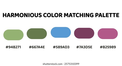 Harmonious color palette with five colors. This palette combines warm and cool tones, balanced and visually appealing aesthetic. Pale Green, Dark Olive Green, Cerulean, Mahogany, Rose. 88..