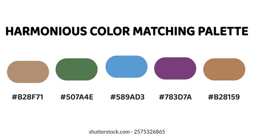 Harmonious color palette with five colors. This palette creates a cohesive and natural look, perfect for nature-inspired designs. Tan, Dark Olive Green, Cerulean, Amethyst, Tan. 89.