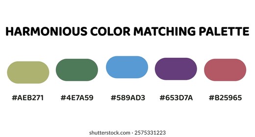 Harmonious color palette with five colors. This palette combines warm and cool tones, balanced and visually appealing aesthetic. Pale Green, Dark Olive Green, Cerulean, Amethyst, Rose. 90.